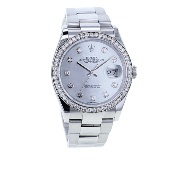 Rolex Datejust 36, Edelstahl, Lünette mit 52 Diamanten, Perlmutt-Blatt – Bild 2