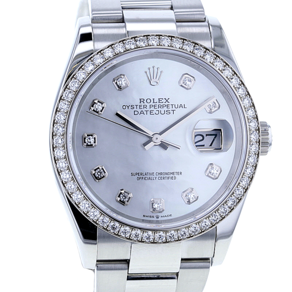 Rolex Datejust 36, Edelstahl, Lünette mit 52 Diamanten, Perlmutt-Blatt